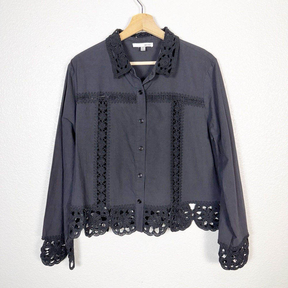 WD NY Crochet Trim Shirt Jacket Women's Size XL Black Twill Cottage Fall